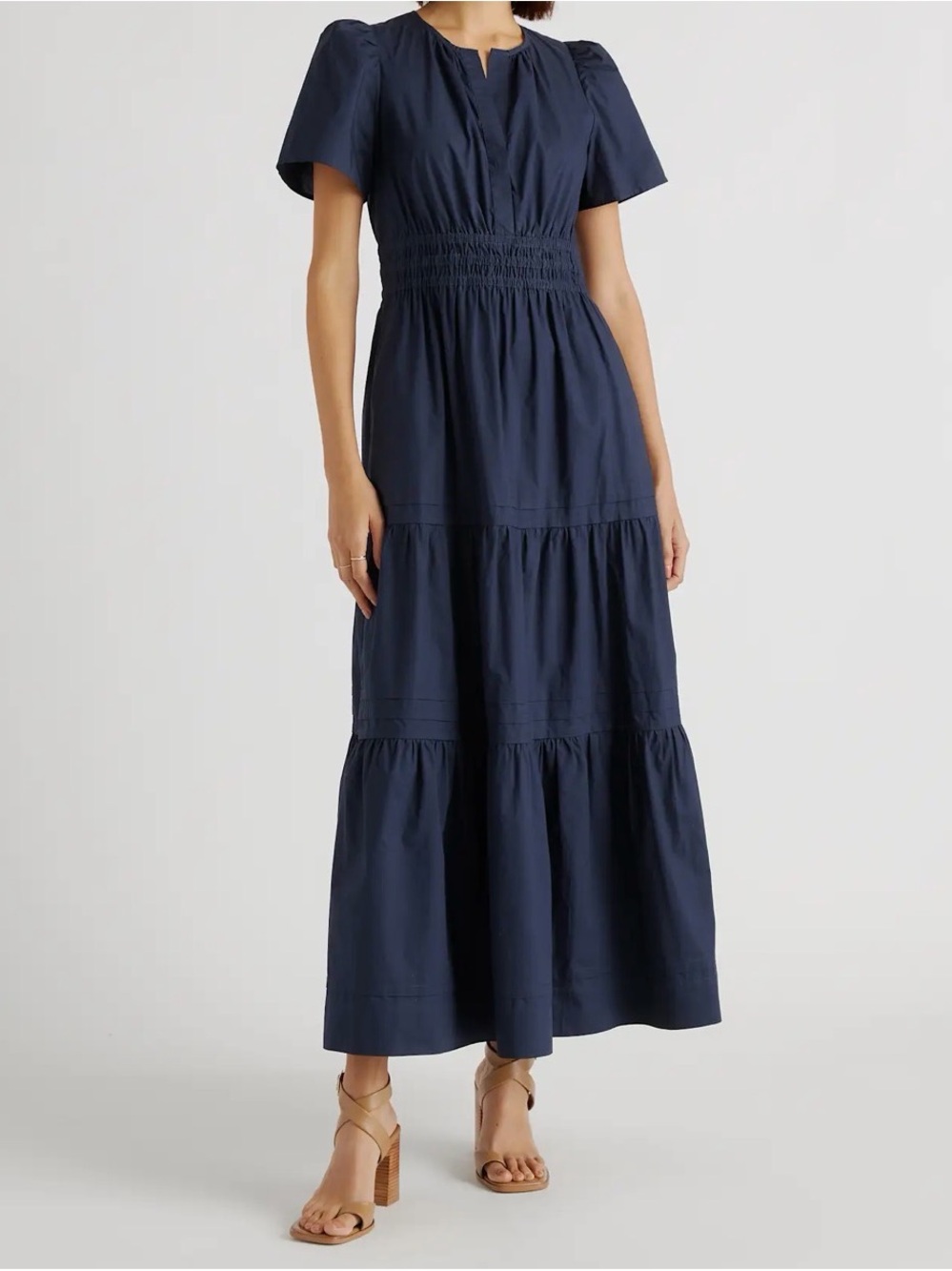 **NEW**Quince Navy Smocked-Waist Tiered Maxi Dress NWT